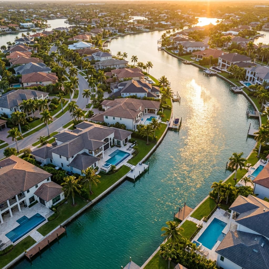 Luxury Florida waterfront homes at golden hour